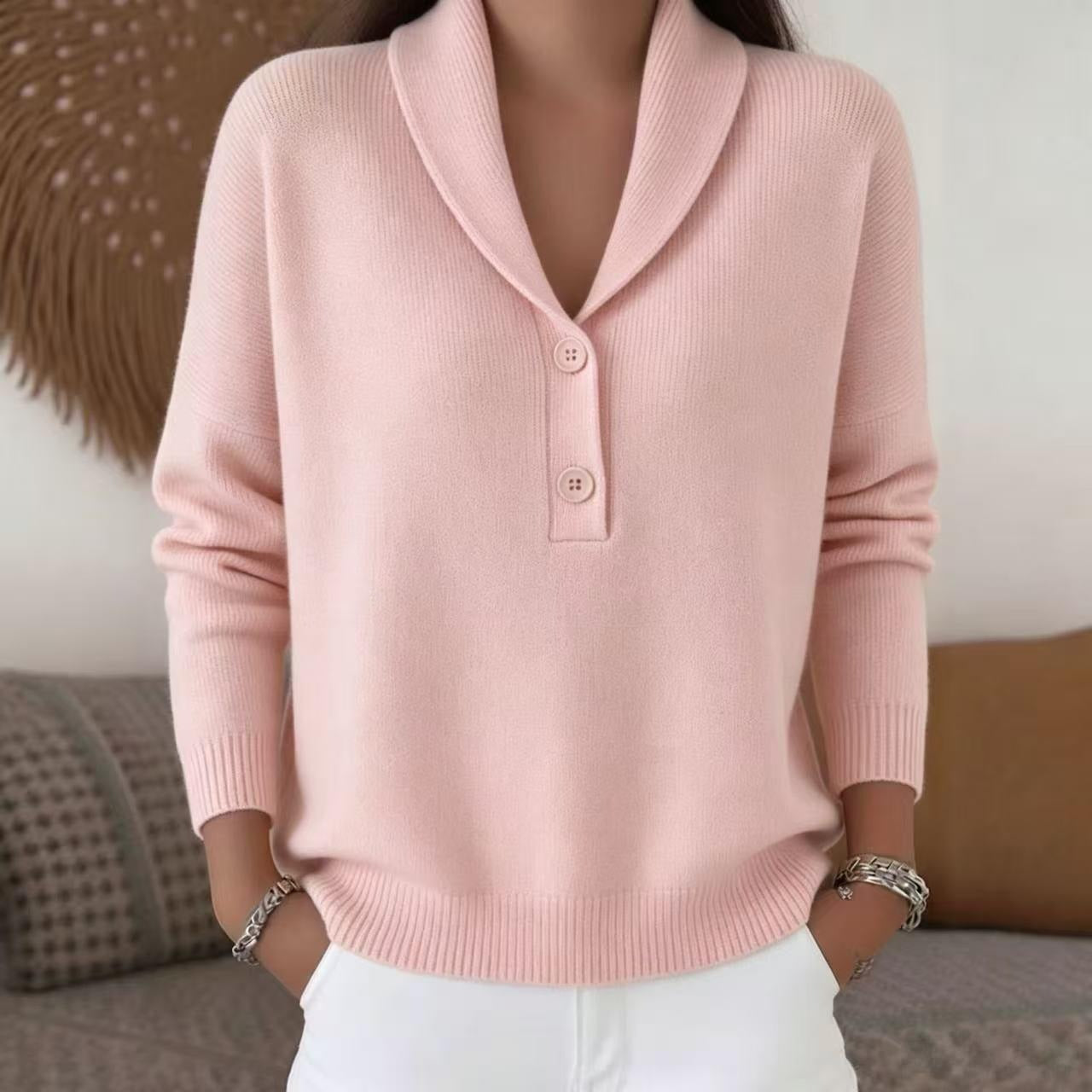 Chic Ribbed Neckline Pullover Sweater for Women - Retro Slouchy Loose Fit Jumper