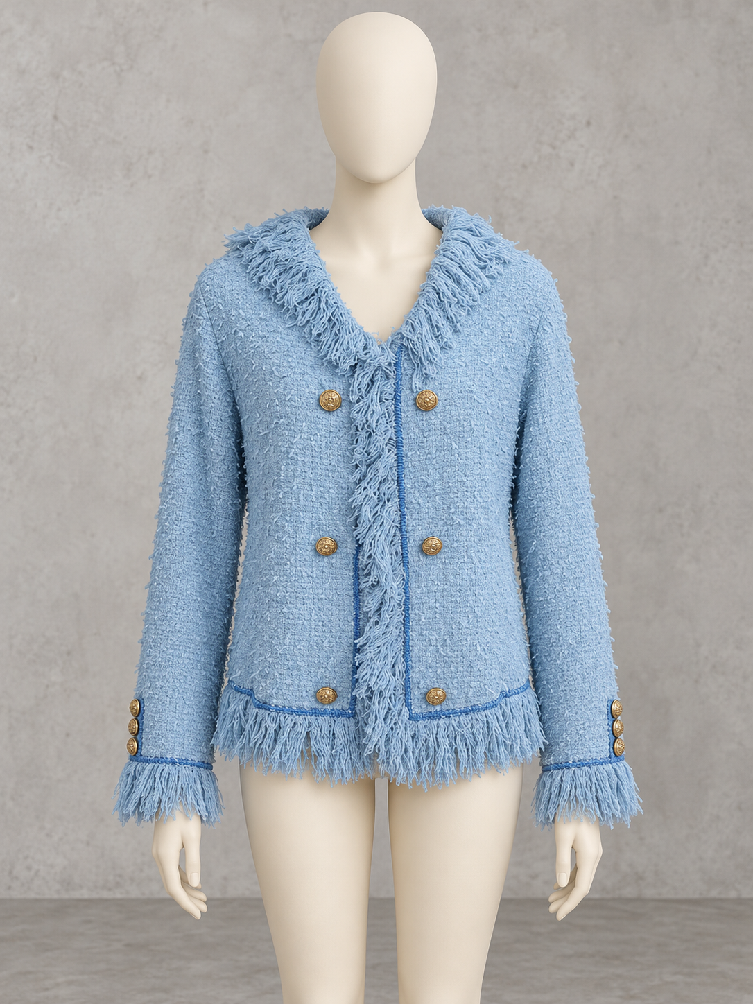 Tweed-Texture Fringe-Trim Cropped Blazer