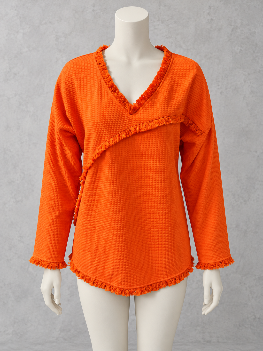 Women's Solid-Color V-Neck Fringe-Trim Relaxed-Fit Long-Sleeve Shirt