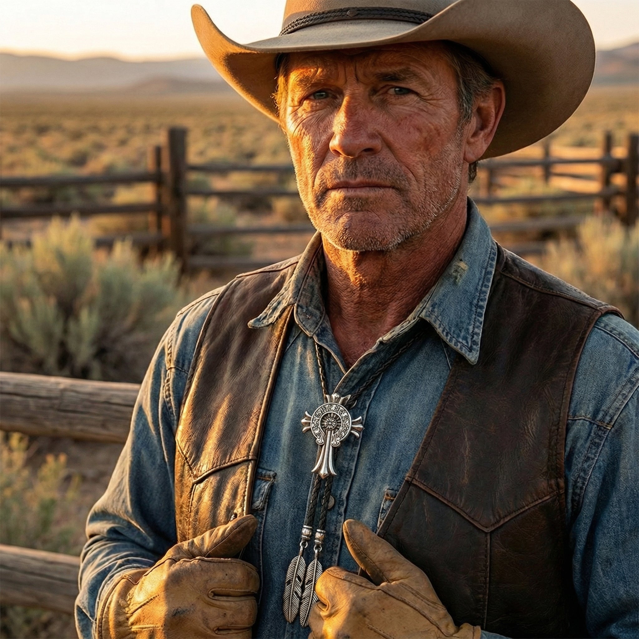 Sanskrit cross cowboy bolo tie, feather pendant men's necktie