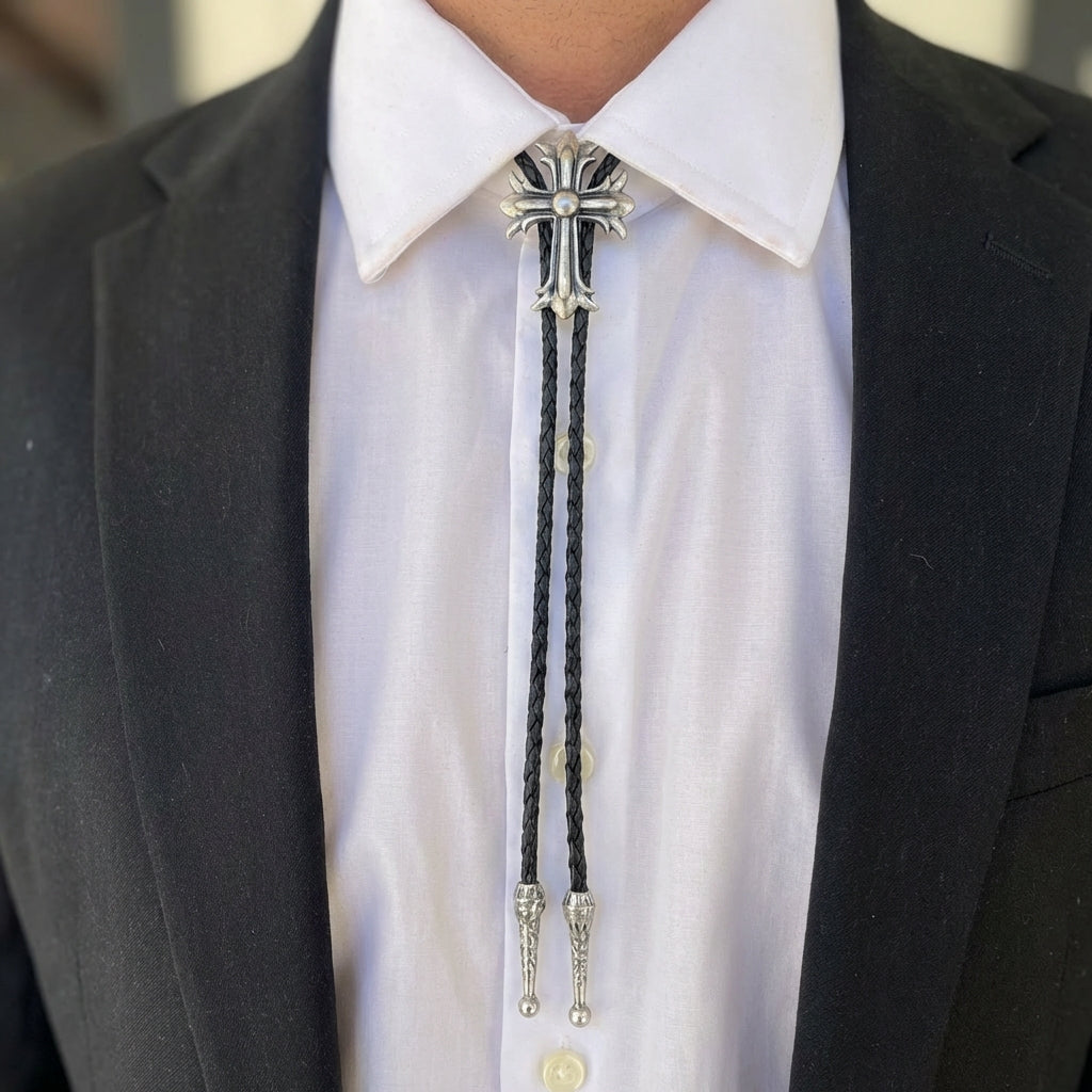 Vintage Gothic style cross bolo tie, vintage wedding necktie