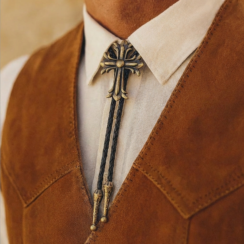 Vintage Gothic style cross bolo tie, vintage wedding necktie