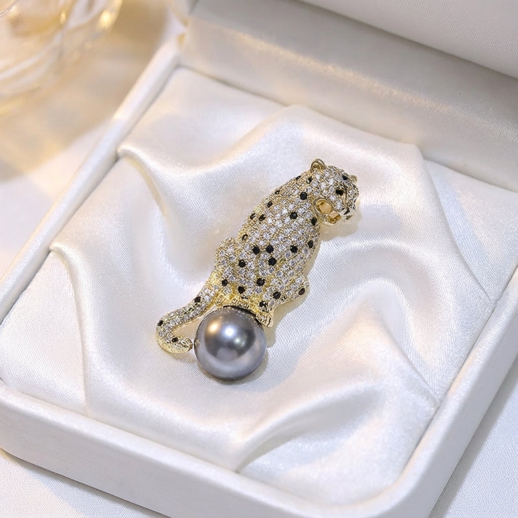 Vintage leopard zircon brooch with mother pearls, women's pin pendant jewelry gift.
