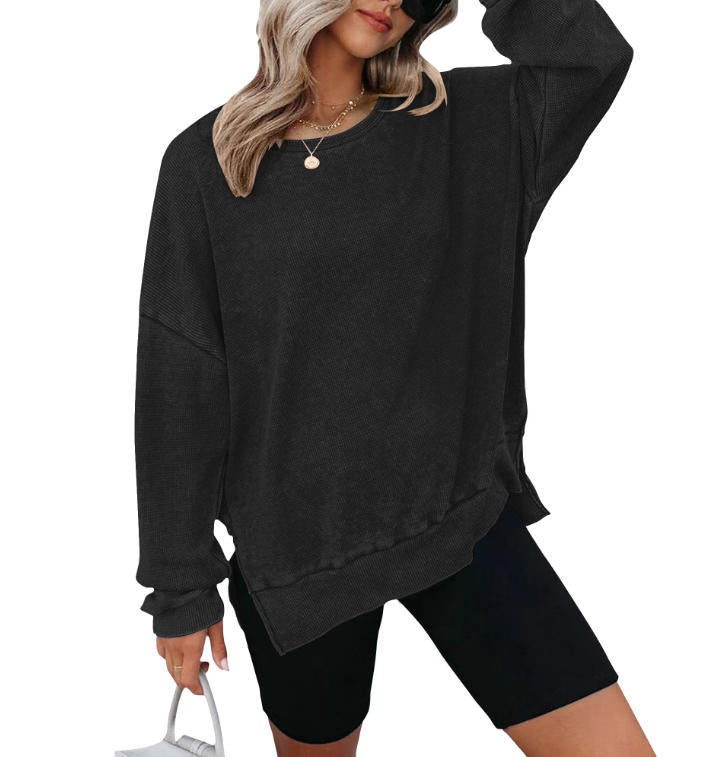 Waffle Knit Oversized Sweatshirt | Loose Fit Round Neck Side Slit Casual Long Sleeve T-Shirt Top