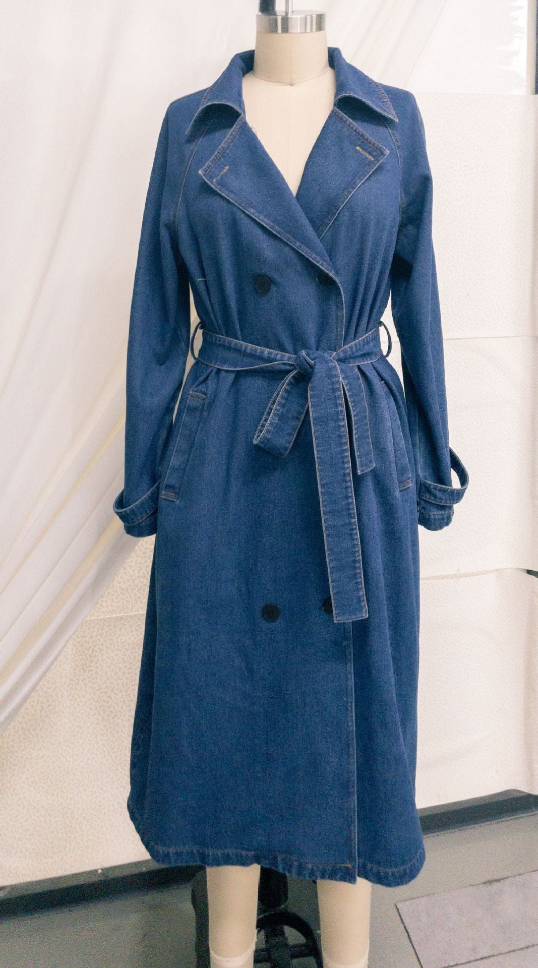 Women's Long Denim Trench Coat with Belt | Loose Fit Washed Black Jean Duster Jacket Tie-Waist Outwear