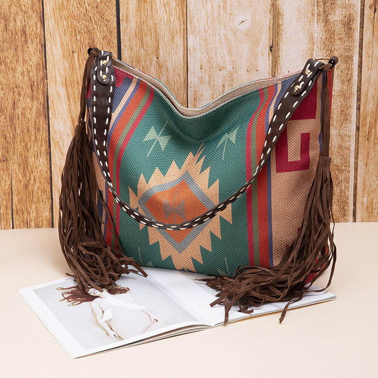 Vintage Southwestern Aztec Woven Shoulder Bag - Handmade Tribal Large Capacity Boho Tote with Leather Fringe