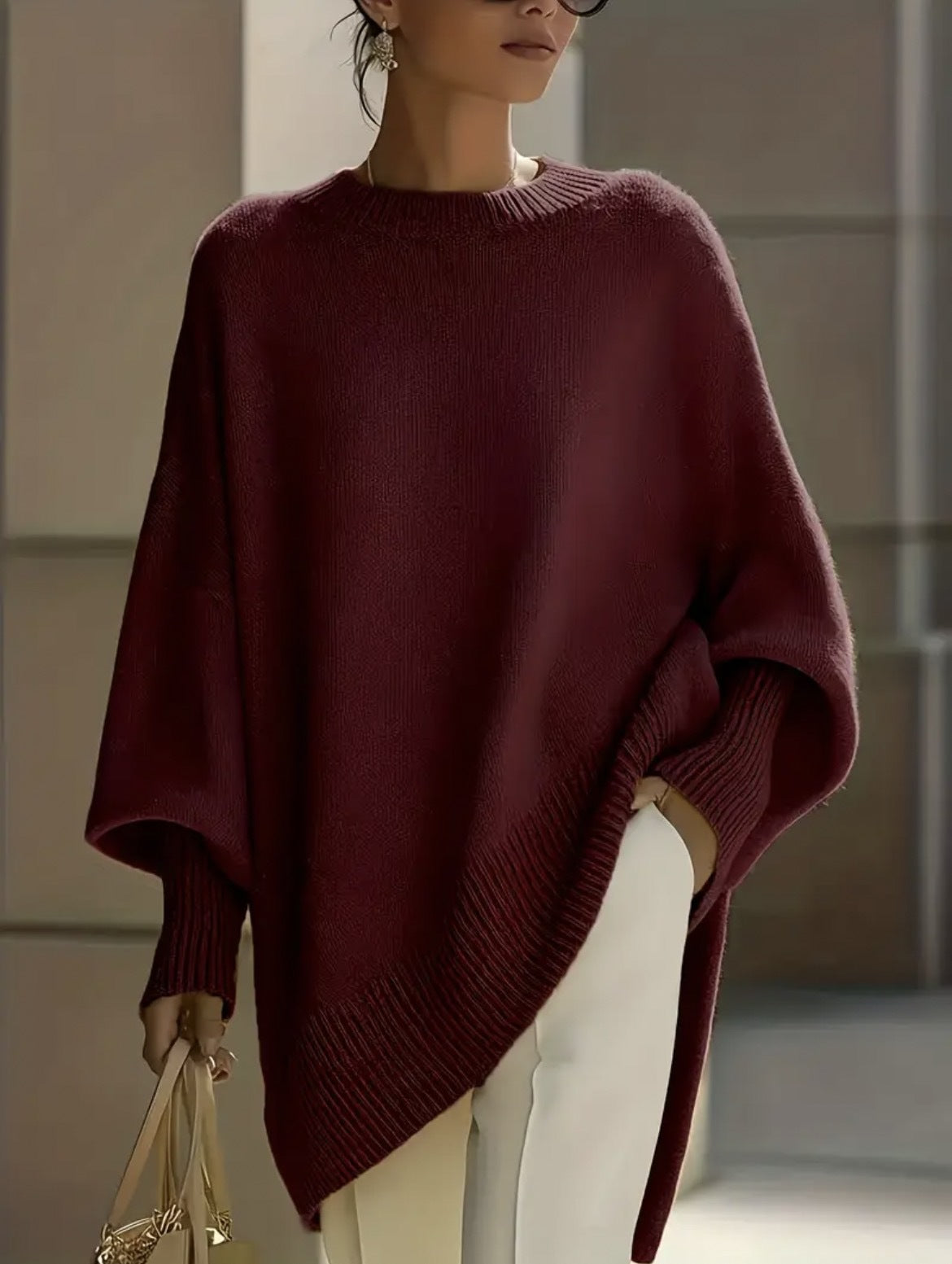 Premium Faux Cashmere Poncho Sweater - Slouchy Batwing Sleeve Crewneck Loose Pullover Plus Size