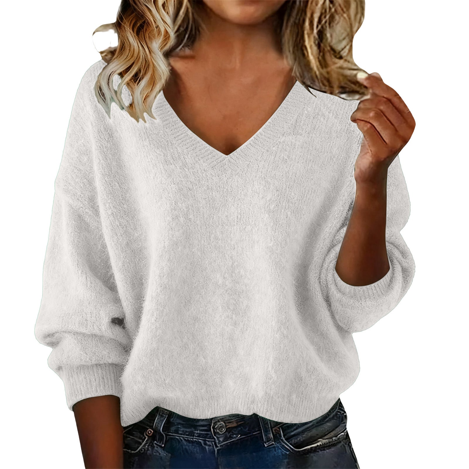Women's V Solid Color Long Sleeve Knit Patchwork Relaxed-Fit Sweater