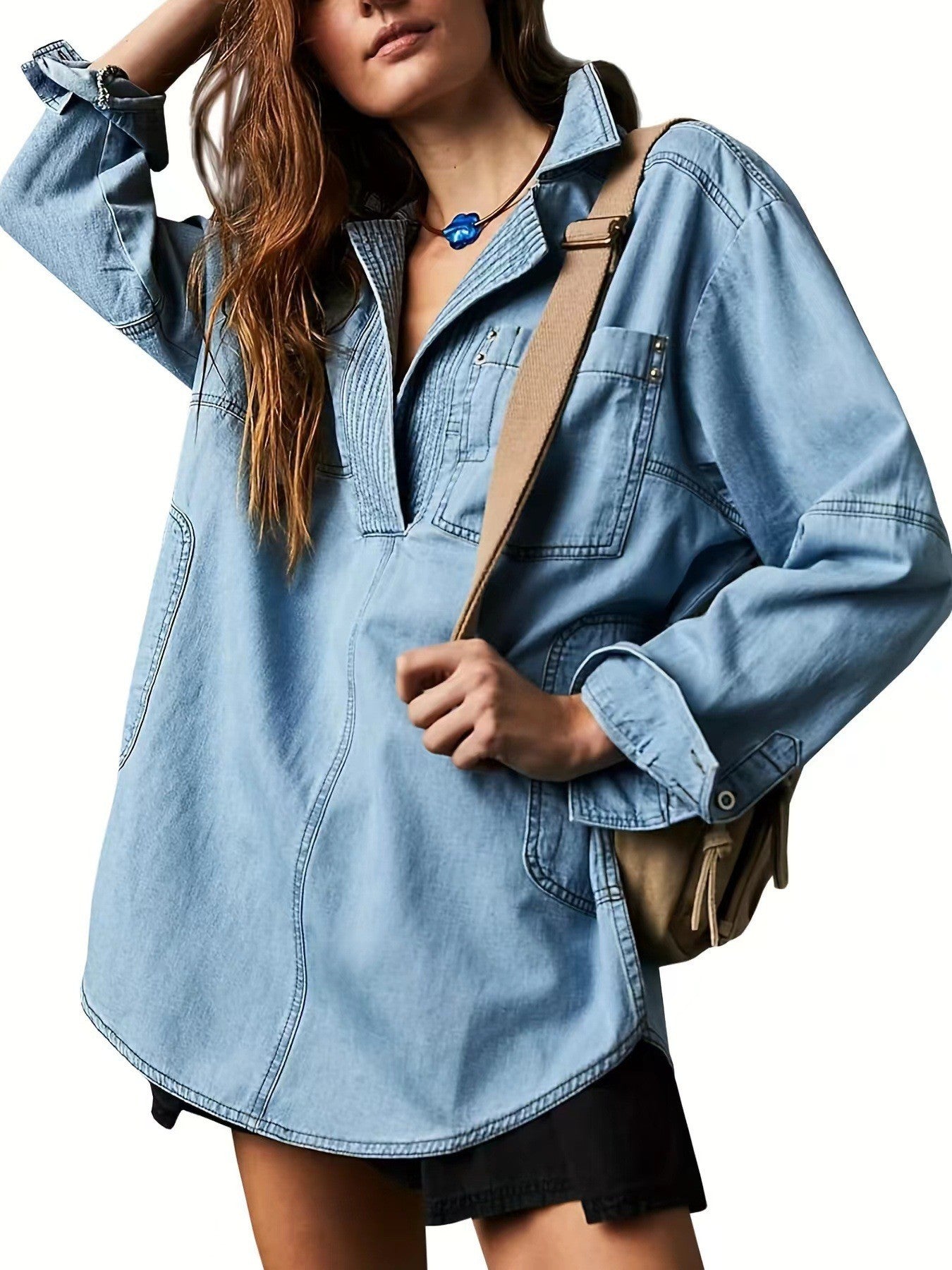 Vintage Oversized Denim Blouse for Women - Chic Pullover Split Neck Tunics with Pockets