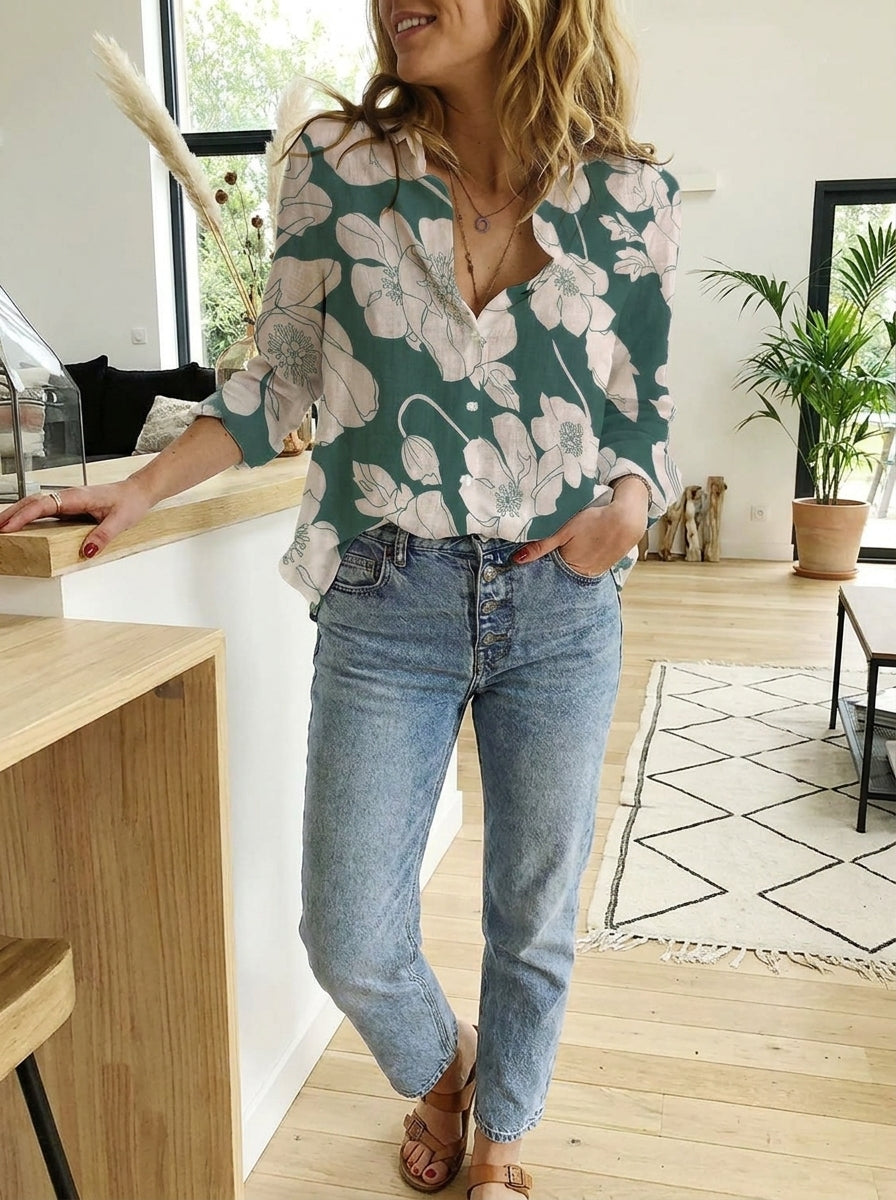 Big Flower Print Button-Down Shirt | Relaxed Fit Breathable Summer Linen Top