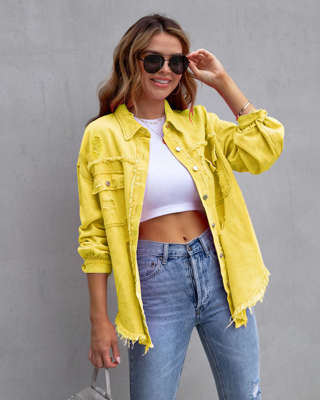 Vintage Oversized Frayed Denim Shirt for Women - Streetwear Button Down Jacket