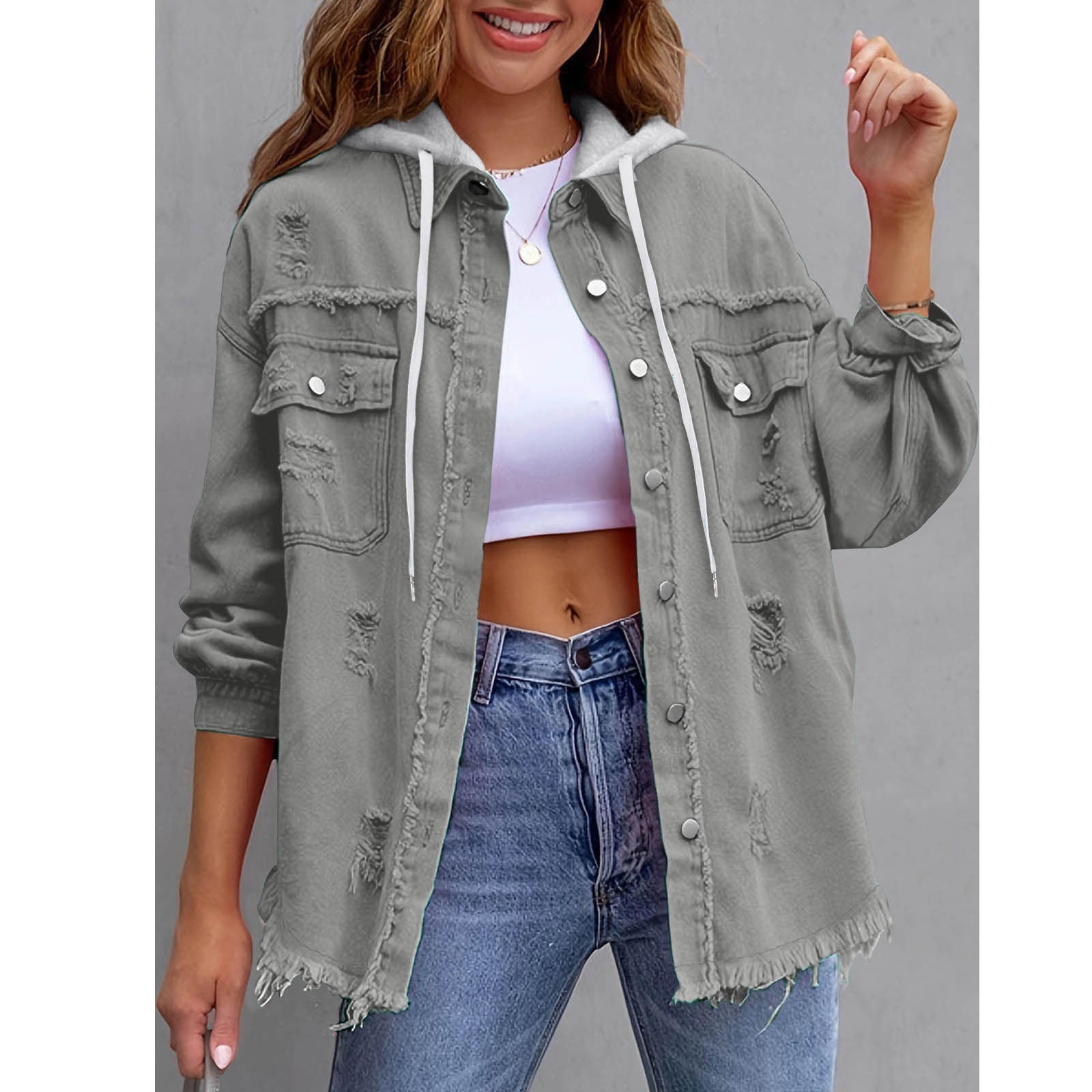 Women's Hooded Distressed Denim Jacket | Casual Long Sleeve Washed Jean Shacket Top
