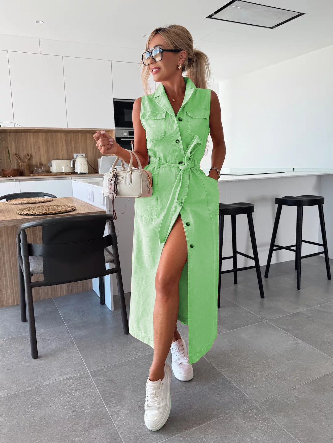 Vintage Solid Pink Denim Shirt Dress for Women - Elegant Turn-Down Collar Vest Dress