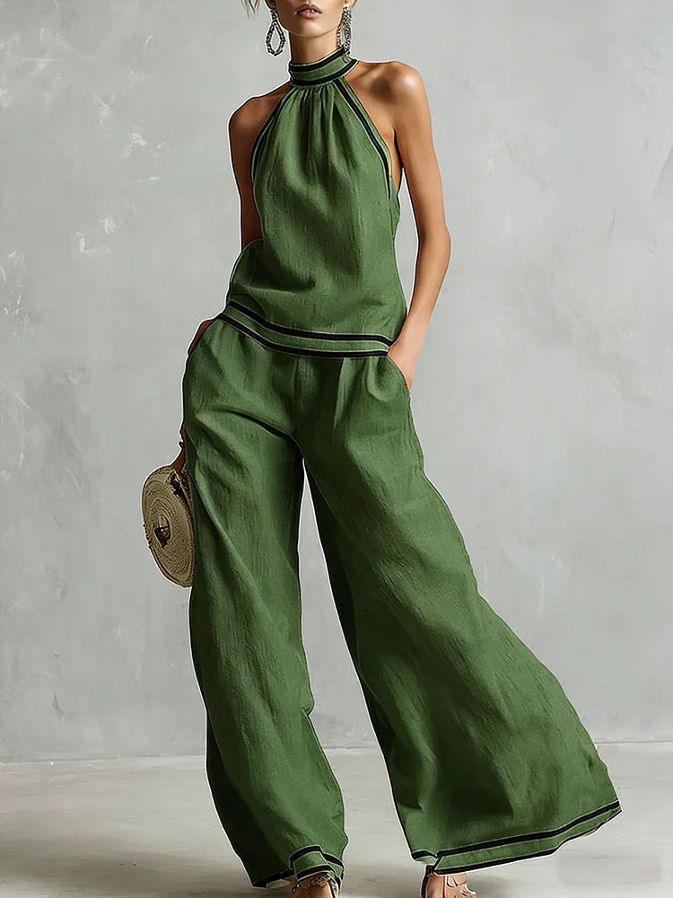 Elegant Minimalist Trimmed White Cotton Linen Halter Neck Top And Wide-leg Pants Set