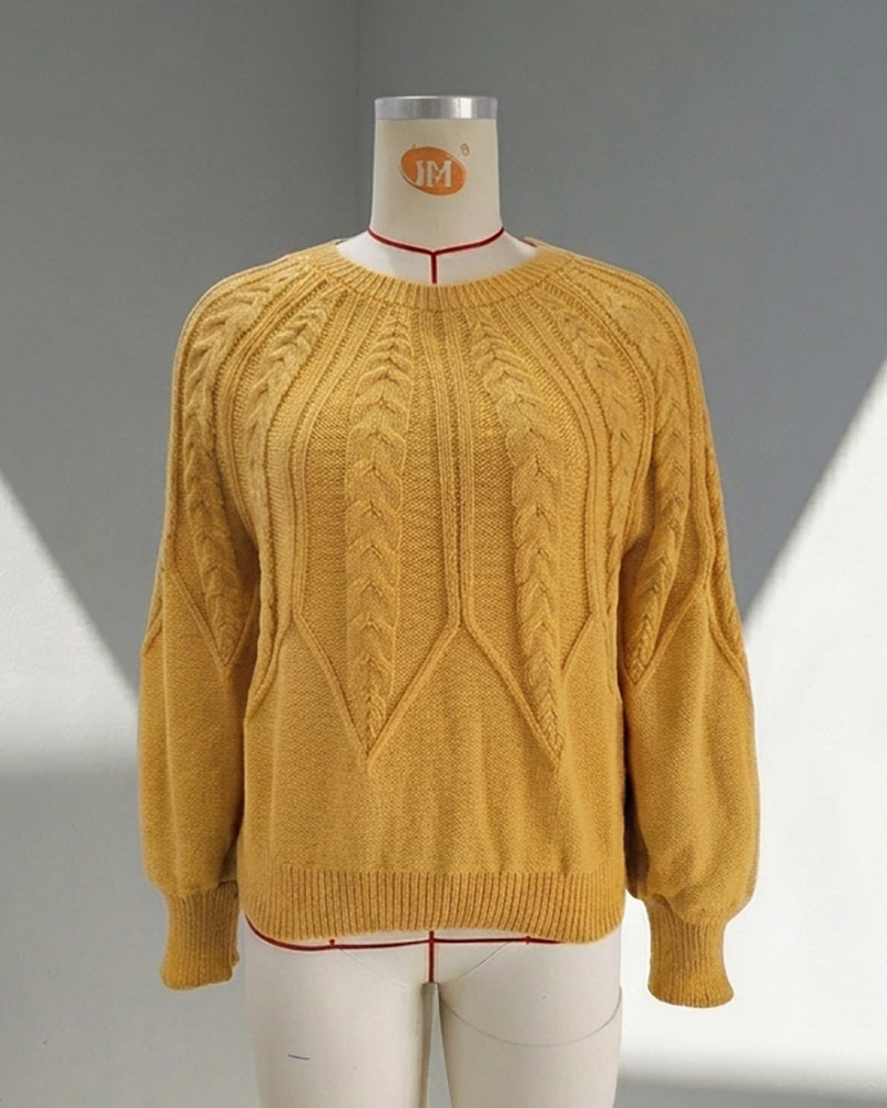 Women's Cable Knit Pullover Sweater | Casual Round Neck Long Sleeve Ribbed Jumper Top