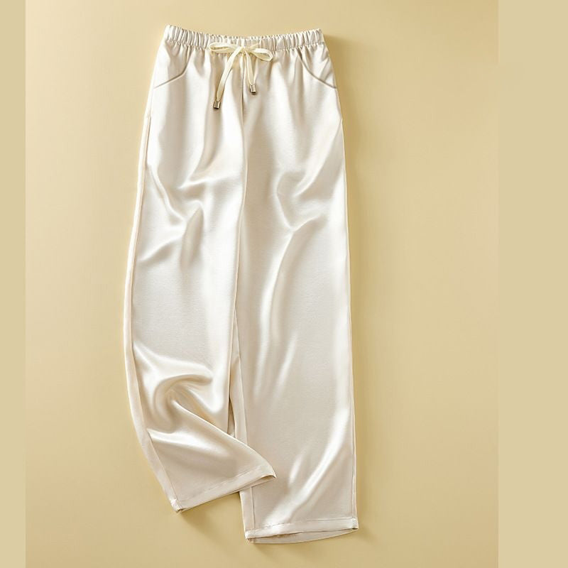 Luxury Silk-Satin Wide-Leg Pants - High-Waisted Loose Summer Lounge Trousers with Drawstring
