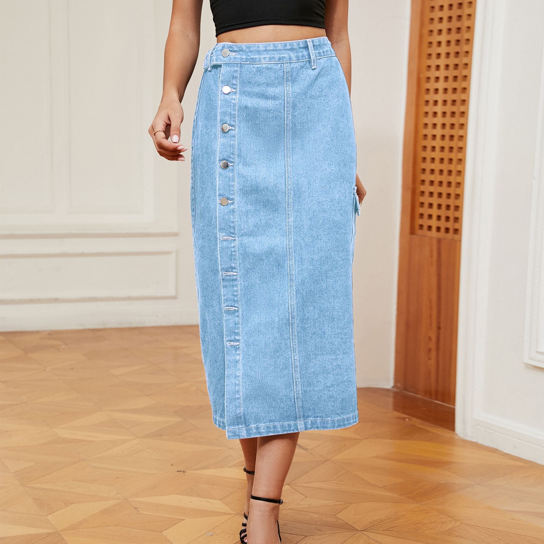 Women's Side Button Washed Denim Midi Skirt | High Waisted Cargo Jean Skirt with Slit