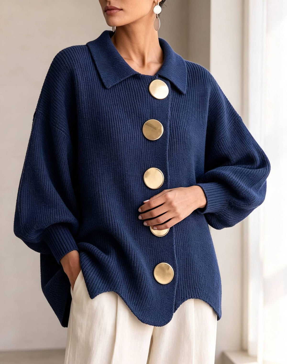 Knit Point-Collar Relaxed-Fit Cardigan