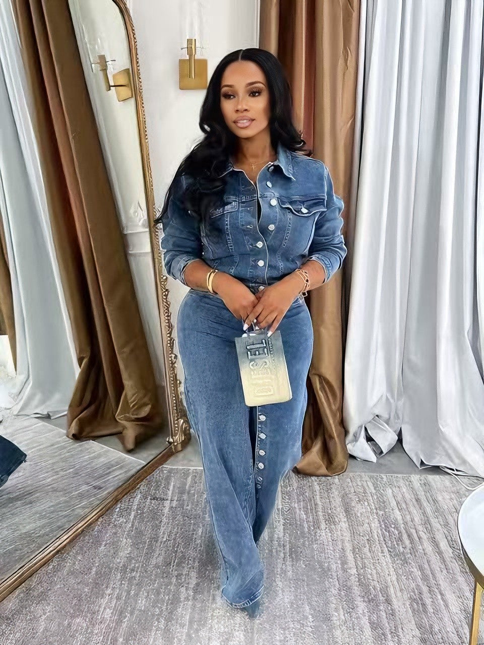Women's Denim Button-Front Washed Two-Piece Set