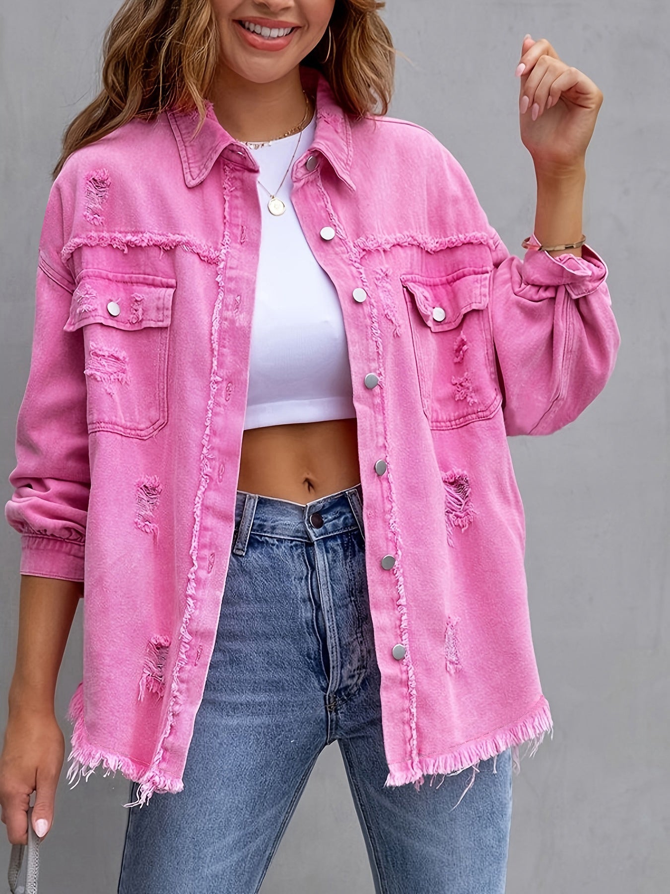 Vintage Oversized Frayed Denim Shirt for Women - Streetwear Button Down Jacket