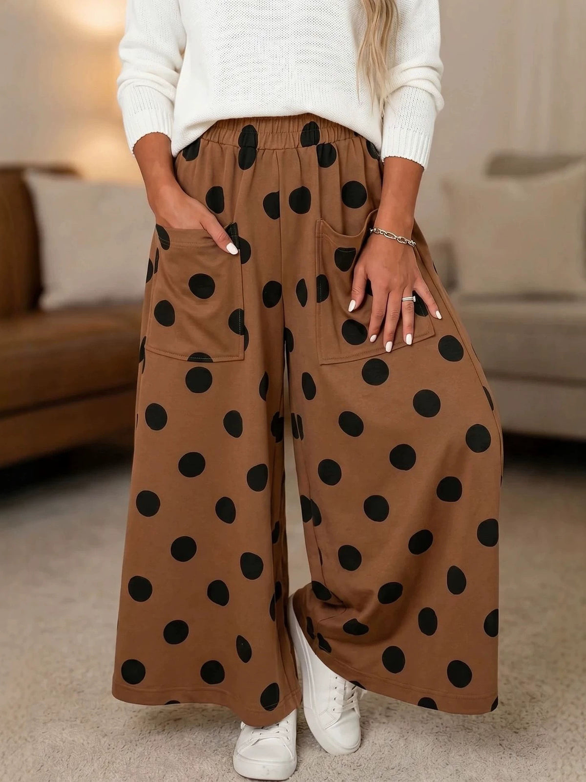Women's Printed Pocket Polka-Dot High-Waist Wide-Leg Pants