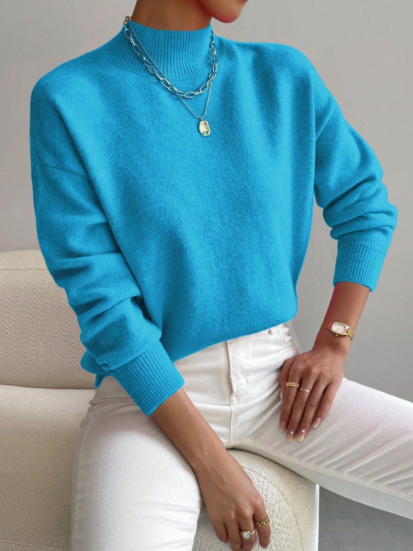 Women’s Mock Neck Long Sleeve Solid Knit Sweater Pullover with Ribbed Trim