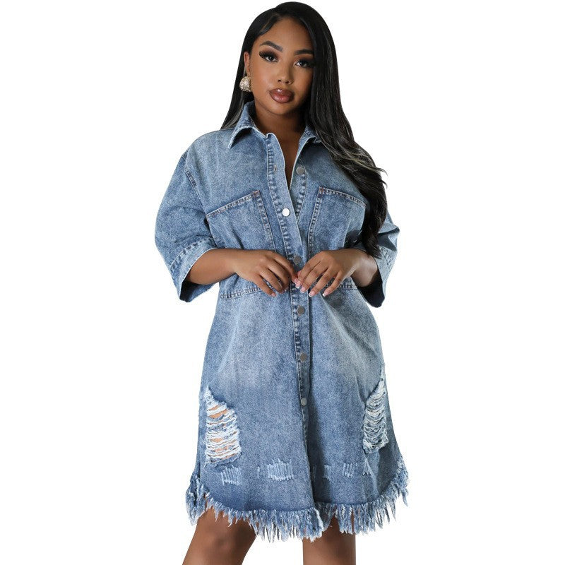 Women's Ripped Denim Shirt Dress | Loose Fit Short Sleeve Washed Jean Jacket Outwear with Fringed Hem