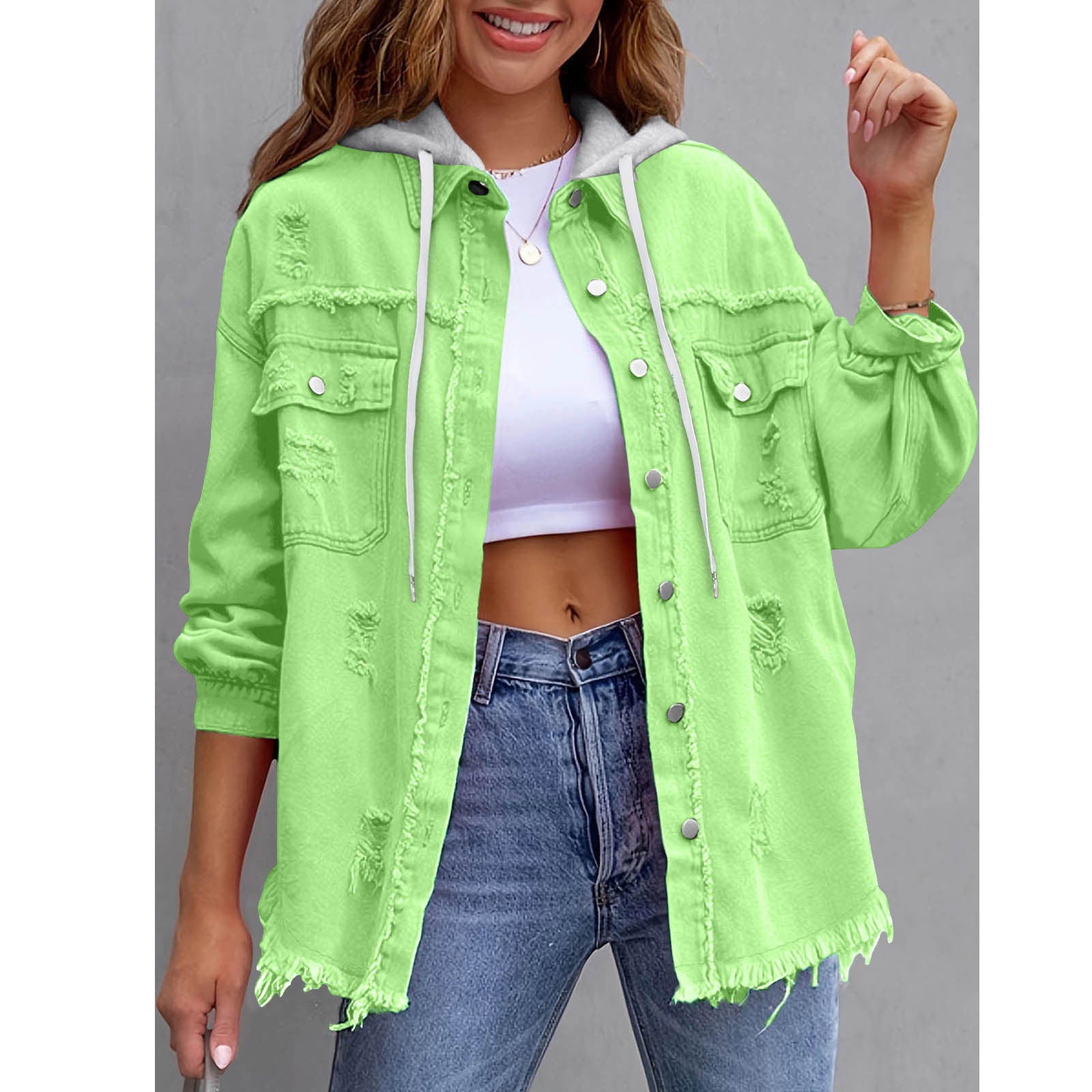 Women's Hooded Distressed Denim Jacket | Casual Long Sleeve Washed Jean Shacket Top