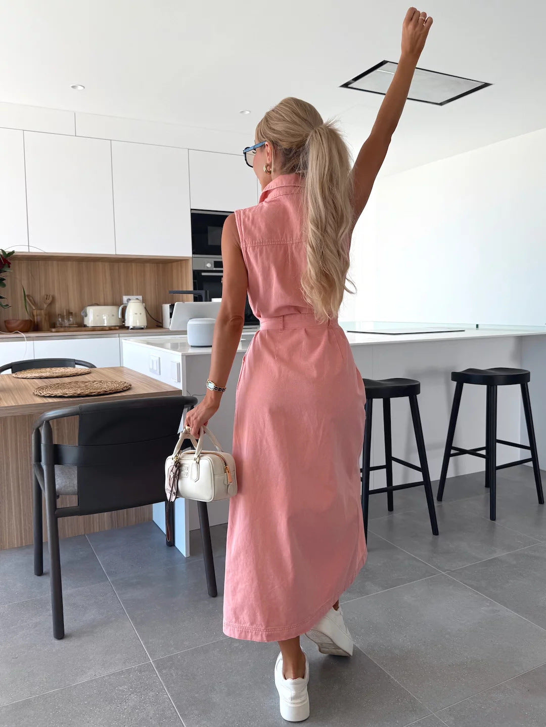 Vintage Solid Pink Denim Shirt Dress for Women - Elegant Turn-Down Collar Vest Dress