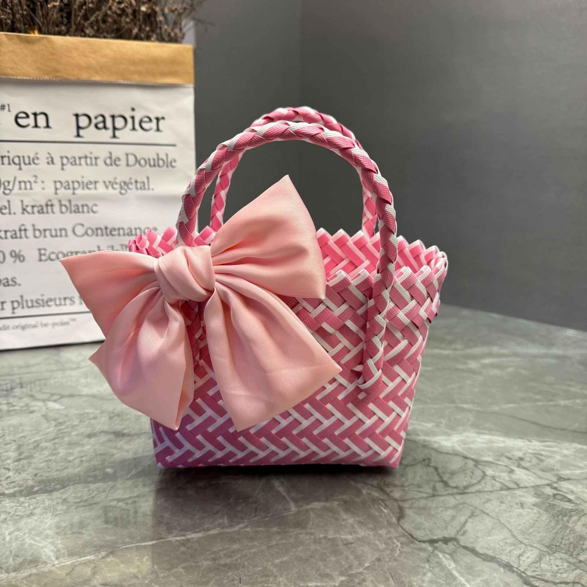 Bohemian Handwoven Upcycled Plastic Tote Bag - Retro Purple Checked Beach Basket with Large Pink Bow