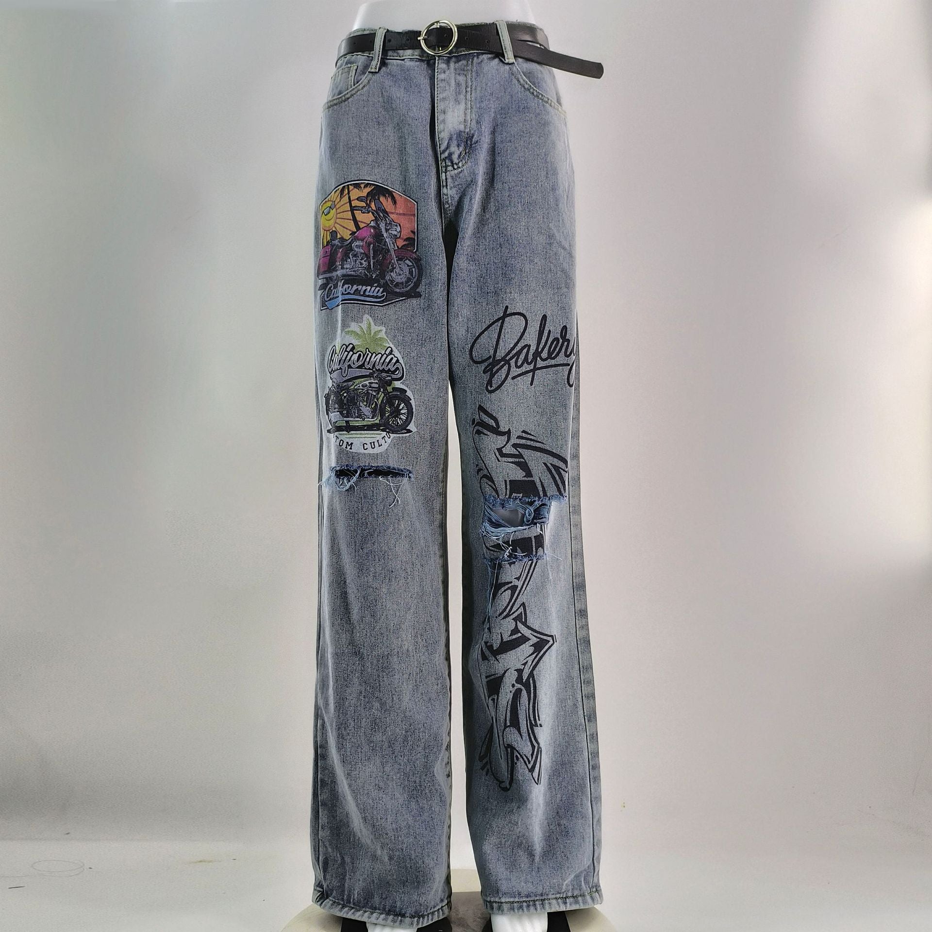 Women's Denim Printed High-Waist Straight-Leg Pocket Streetwear Pants