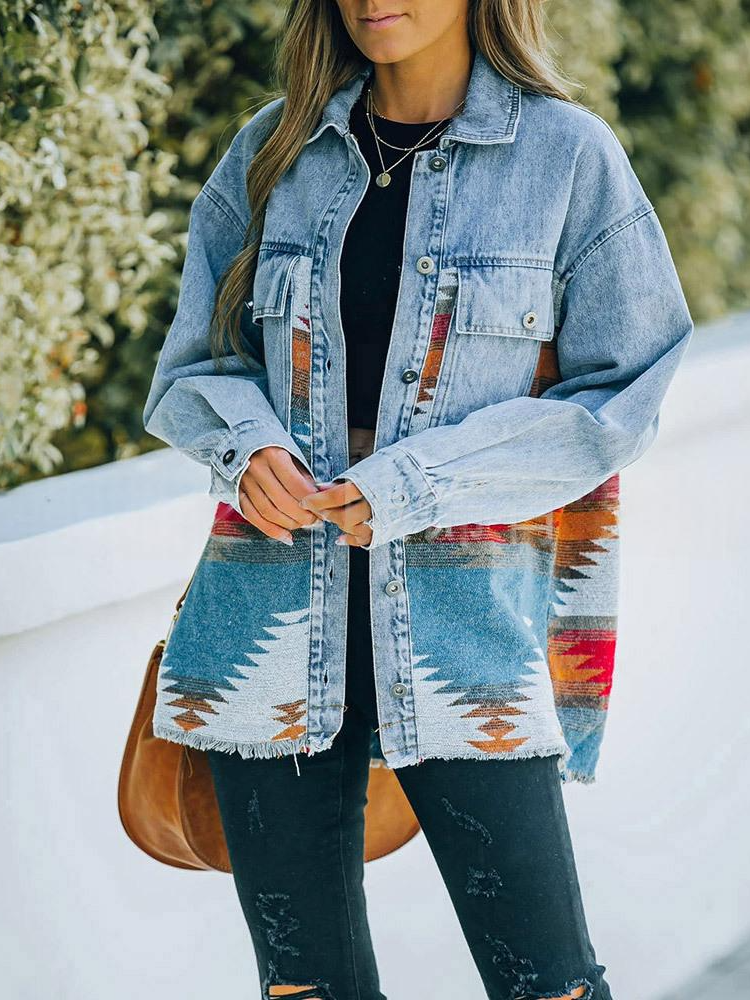 Women's Long Sleeve Open Front Blazer Cardigan Solid Color Casual Denim Raw-Hem Mid-Length Jacket