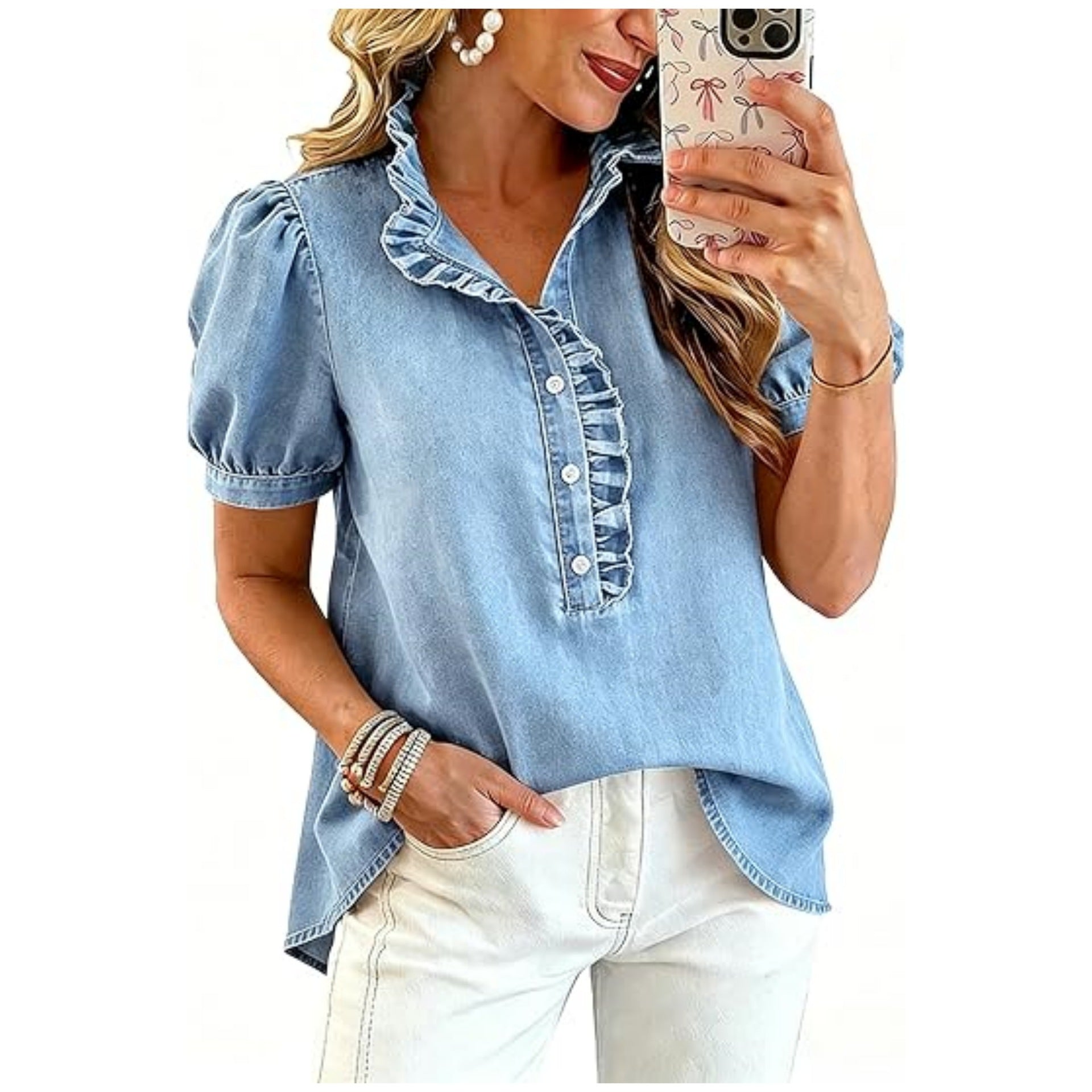 Women's Ruffle Denim Shirt Short Sleeve | Soft Washed Blue Jean Blouse with Puff Sleeves & Frill Trim