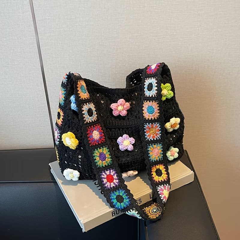 Bohemian Granny Square Crochet Tote Bag - Handmade Floral Knit Beach Shoulder Purse for Women