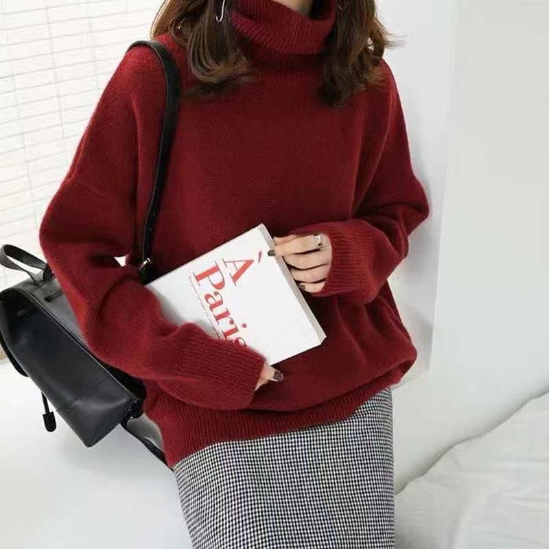 Chic Chunky Turtleneck Sweater - Slouchy Solid Knit Pullover Loose Fit Warm Winter Top