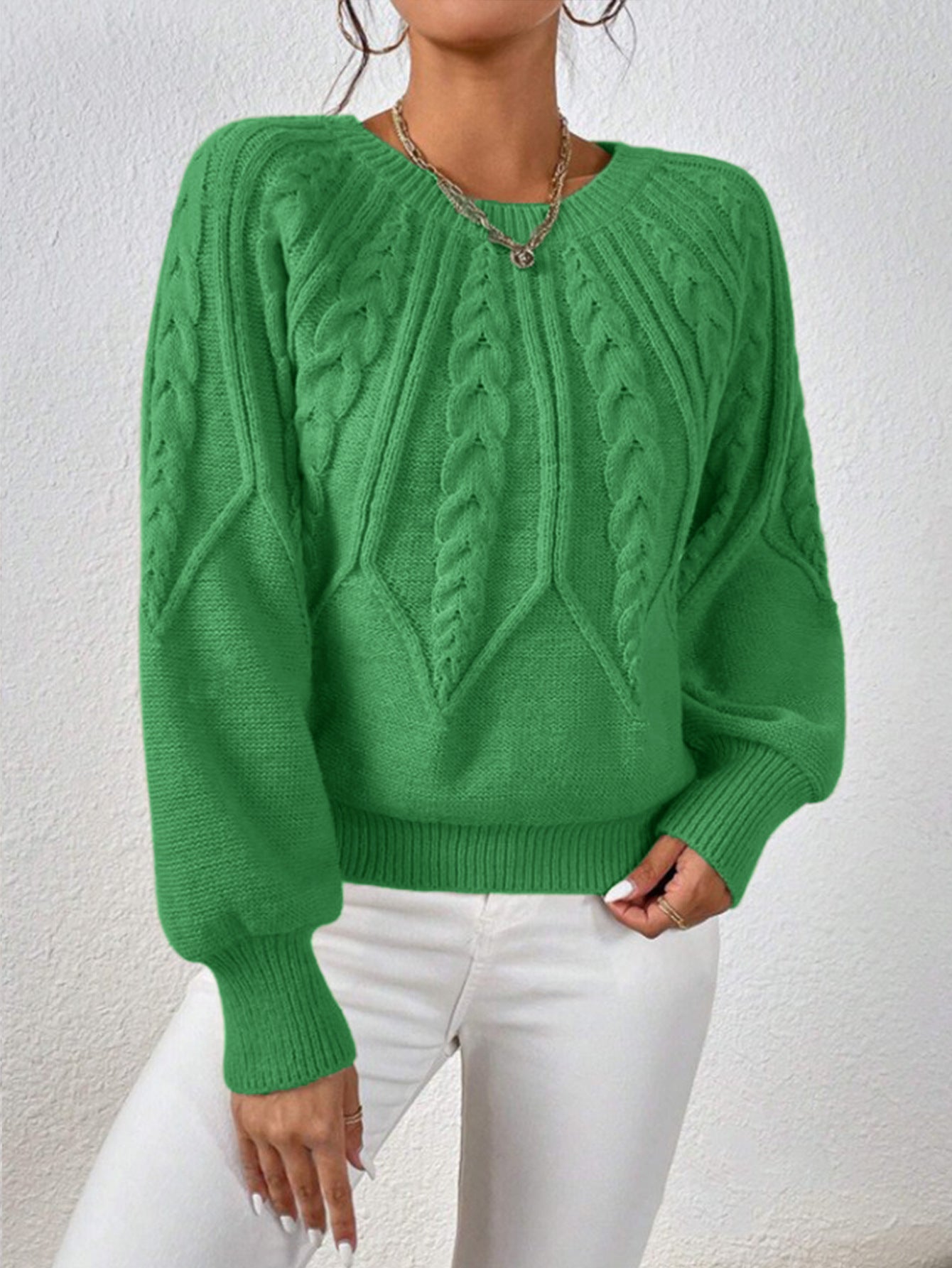 Women's Cable Knit Pullover Sweater | Casual Round Neck Long Sleeve Ribbed Jumper Top