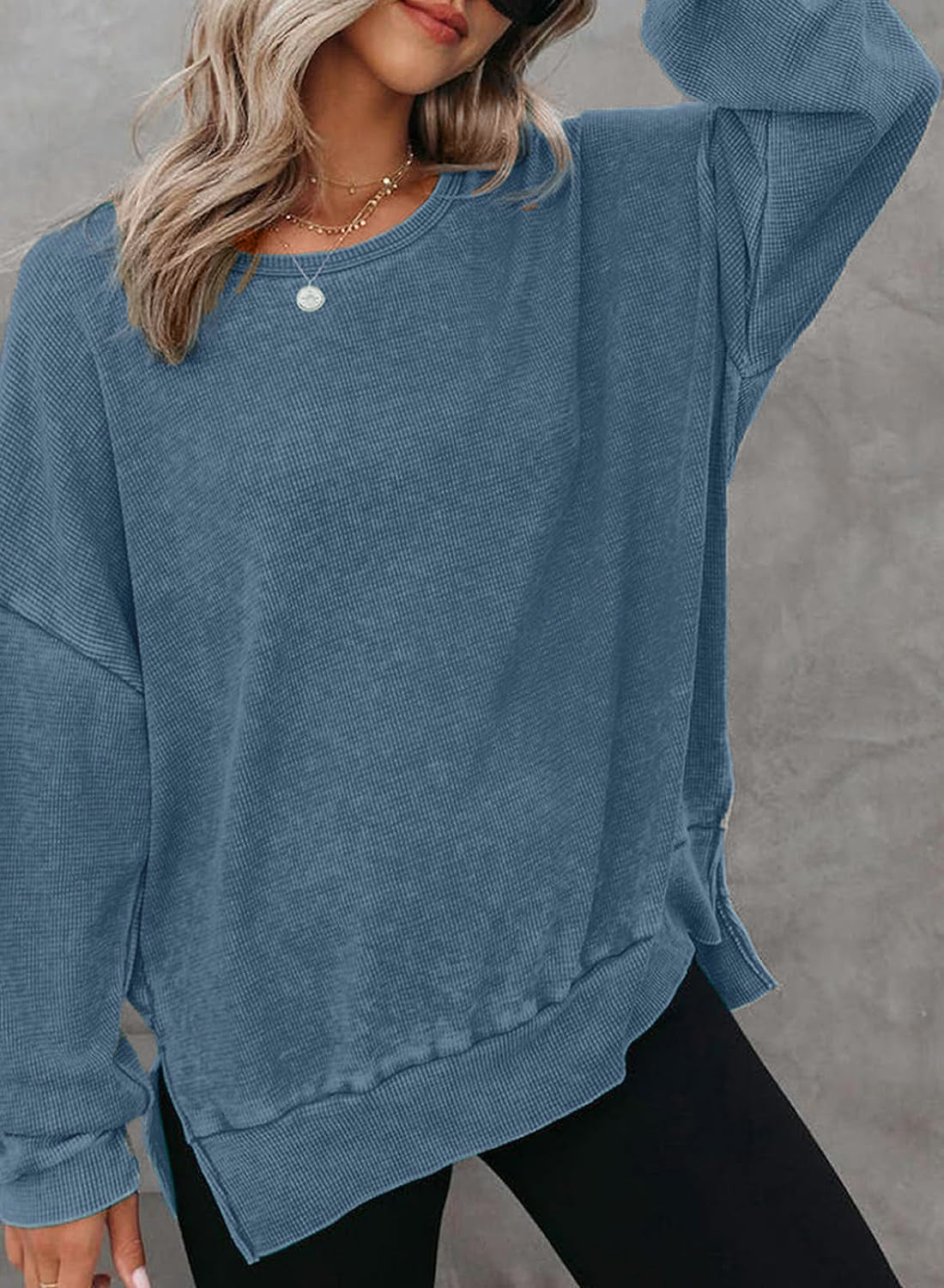 Waffle Knit Oversized Sweatshirt | Loose Fit Round Neck Side Slit Casual Long Sleeve T-Shirt Top