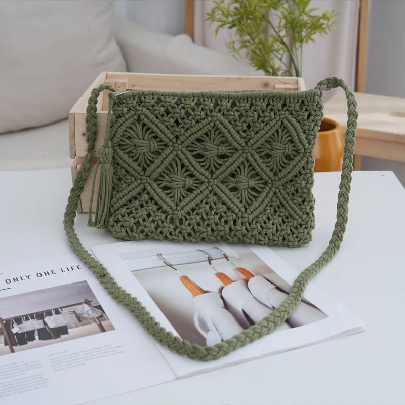 Bohemian Macrame Woven Crossbody Bag - Handmade Cotton Rope Envelope Clutch & Beach Purse with Tassel