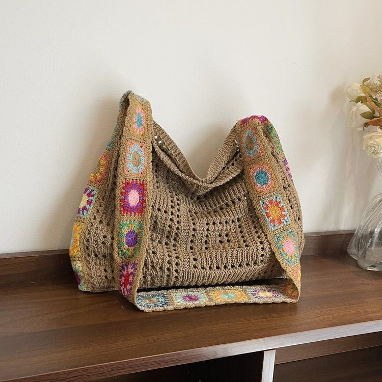 Bohemian Granny Square Crochet Tote Bag - Handmade Floral Knit Beach Shoulder Purse for Women