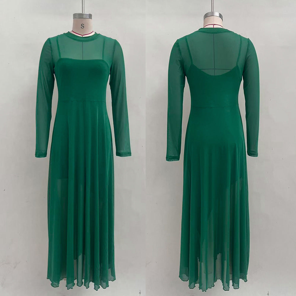 Women's Solid-Color Crew-Neck Patchwork Pullover Slim-Fit Dress