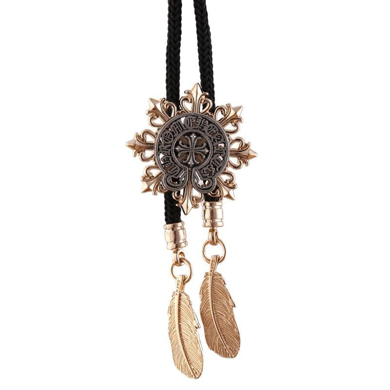 Sanskrit crown cross cowboy bolo tie, feather pendant men's chrome necktie