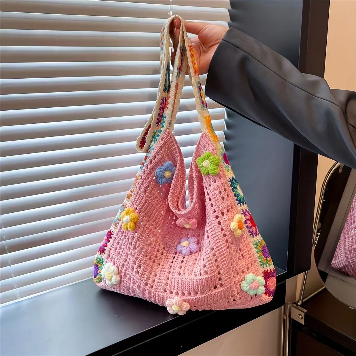 Bohemian Granny Square Crochet Tote Bag - Handmade Floral Knit Beach Shoulder Purse for Women