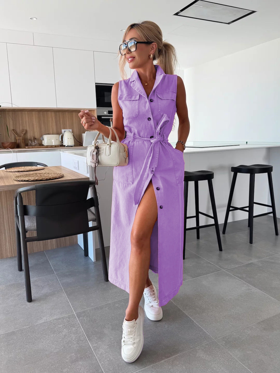 Vintage Solid Pink Denim Shirt Dress for Women - Elegant Turn-Down Collar Vest Dress