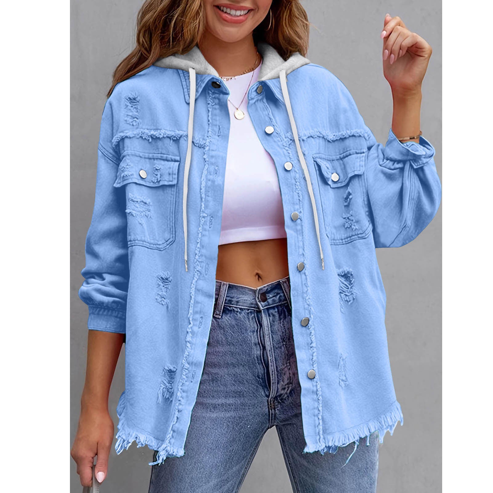 Women's Hooded Distressed Denim Jacket | Casual Long Sleeve Washed Jean Shacket Top
