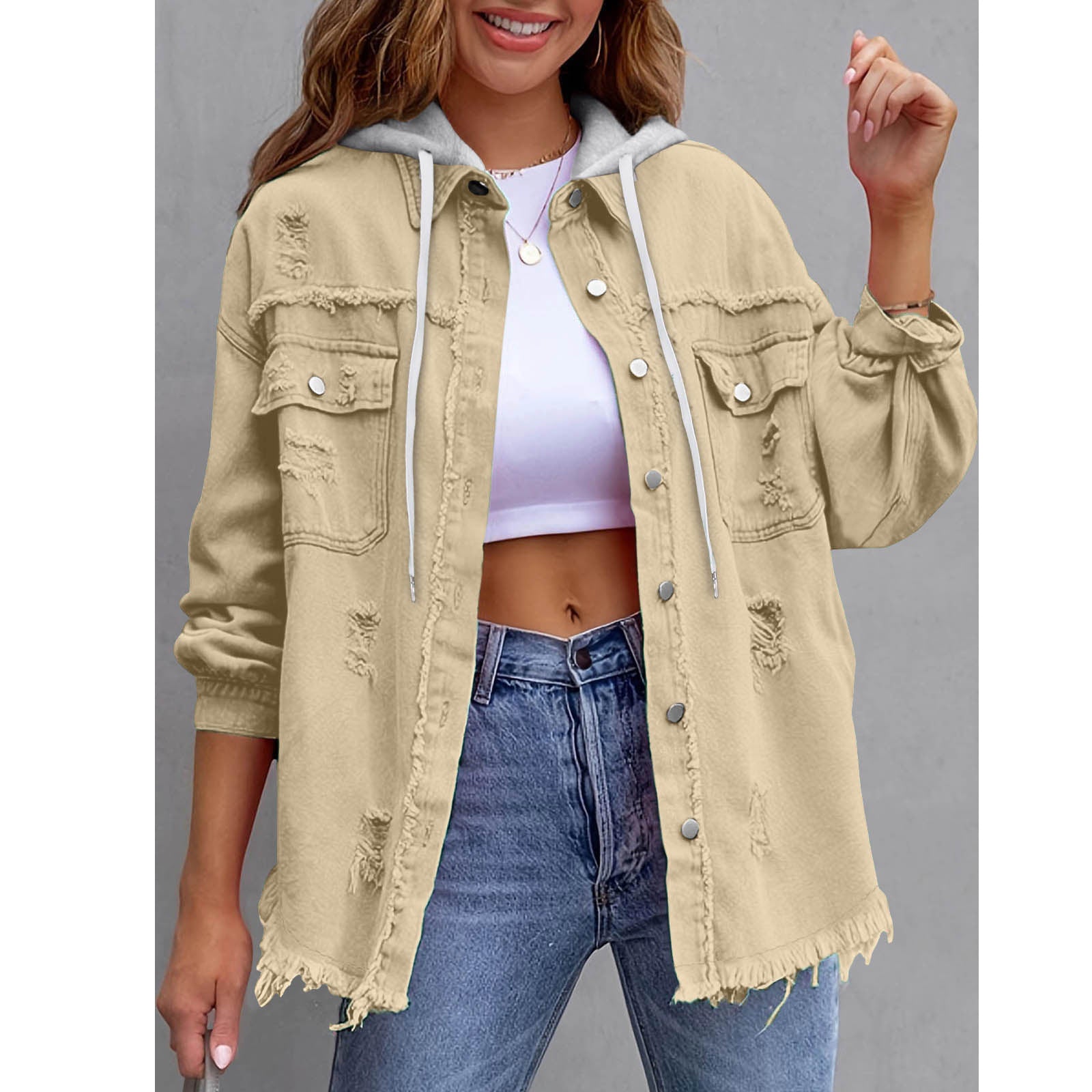 Women's Hooded Distressed Denim Jacket | Casual Long Sleeve Washed Jean Shacket Top