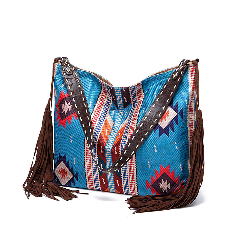 Vintage Southwestern Shoulder Bag - Handmade Tribal Large Capacity Boho Tote with Leather Fringe