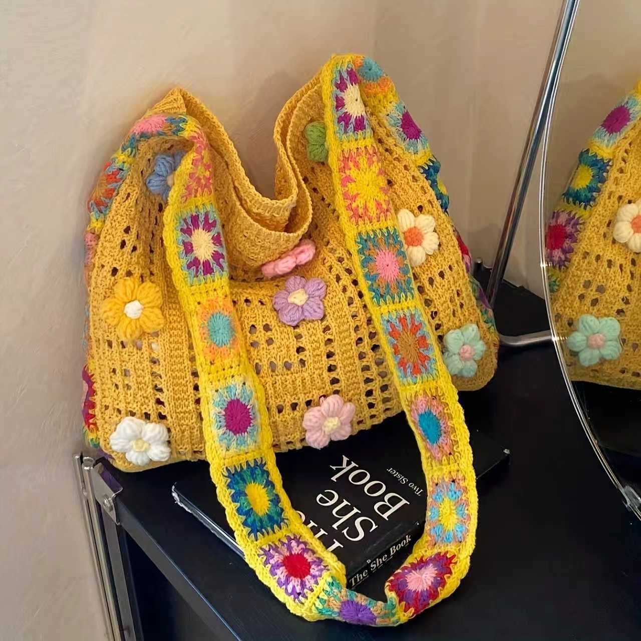 Bohemian Granny Square Crochet Tote Bag - Handmade Floral Knit Beach Shoulder Purse for Women