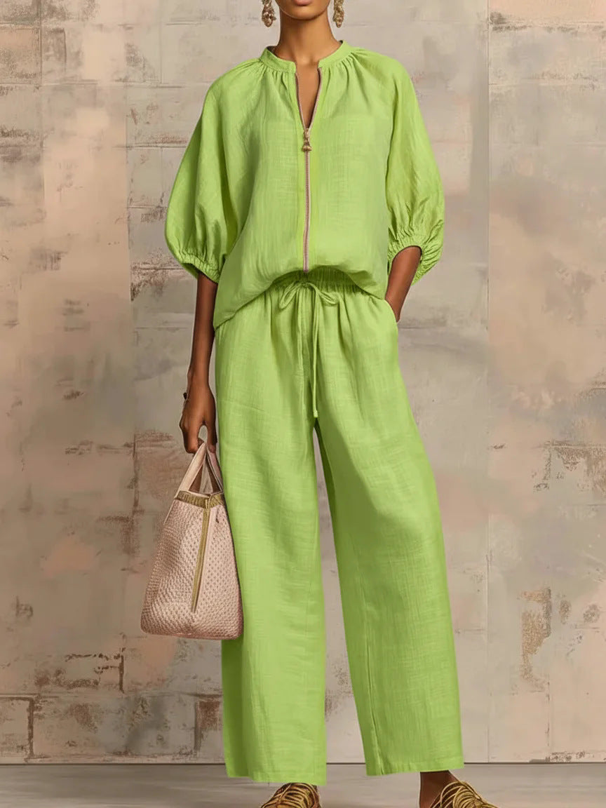 Ensemble de salon chic deux pièces - Blouse à demi-zip et manches bouffantes & Pantalon large taille haute pour femme, survêtement décontracté élégant