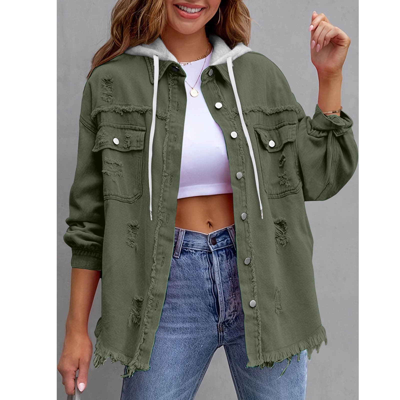 Women's Hooded Distressed Denim Jacket | Casual Long Sleeve Washed Jean Shacket Top
