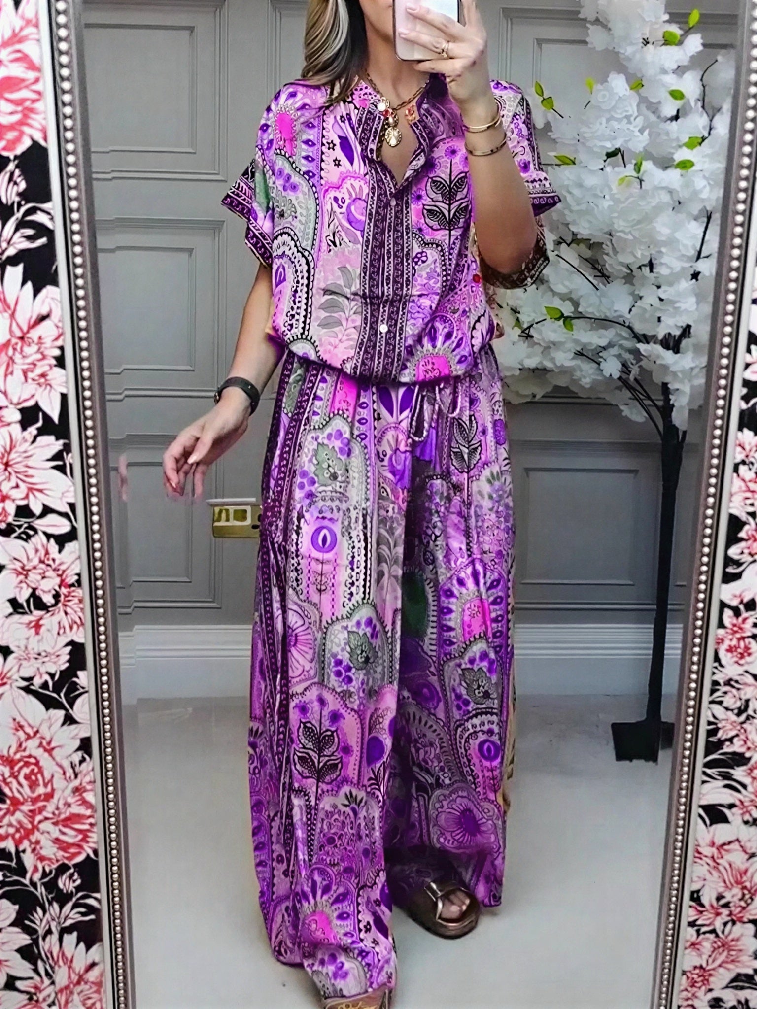 Ensemble deux pièces bohème à imprimé cachemire pour femme – Chemise décontractée à manches courtes boutonnée et pantalon large, Tenues d'été ethniques assorties